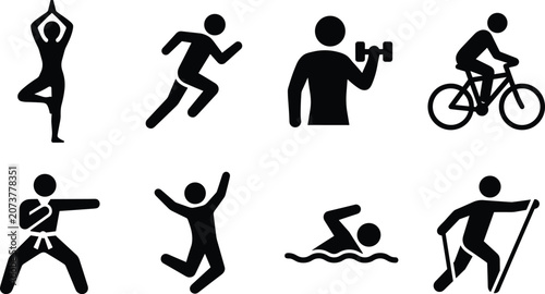 Foto Fitness and Healthy Lifestyle Sports Icon Set with Yoga Running Cycling and Swim