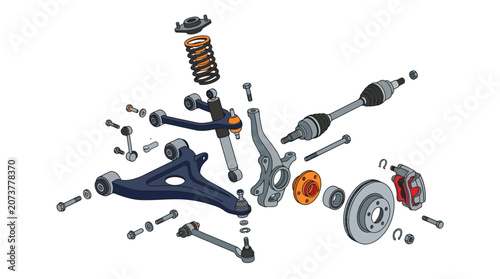 Exploded view diagram of a car front suspension and brake assembly. EPS Editable. Vector Illustrations.