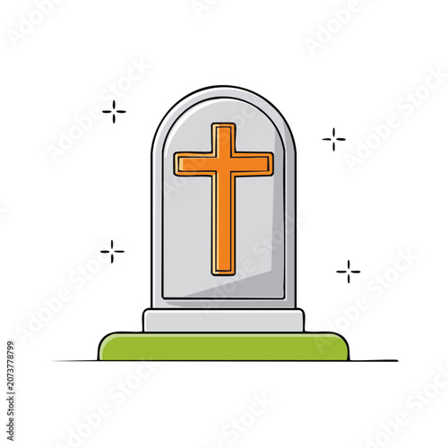 Flat illustration of a gravestone with orange cross