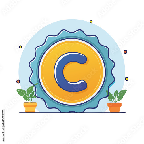 Letter C in a decorative badge with potted plants