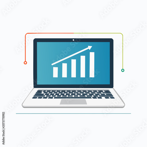 Laptop displaying a growing bar chart and upward arrow