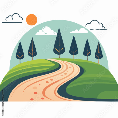 Stylized Winding Path Through Green Hills with Trees and Clouds