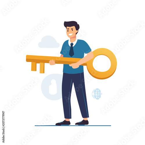 Businessman holding giant key illustration