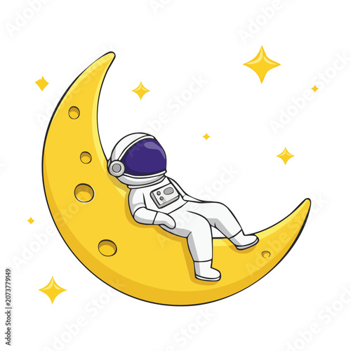 Cartoon astronaut sitting on crescent moon with stars