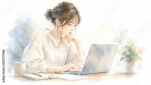 自宅でノートパソコンを操作しながら考える女性の集中した様子の水彩イラスト