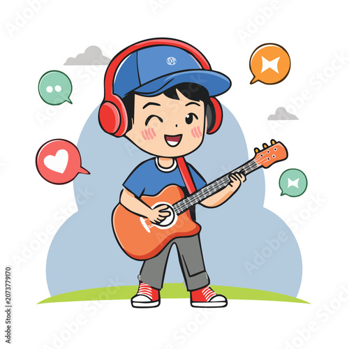 Cartoon boy playing guitar with headphones