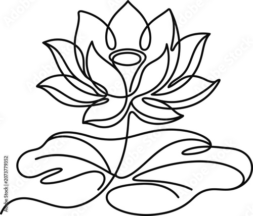 Minimalist continuous line art of a blooming lotus flower with leaves.