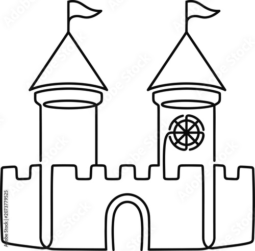 Minimalist continuous line drawing of a medieval castle.