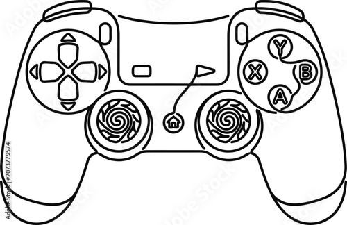 Minimalist continuous line drawing of a modern video game controller.