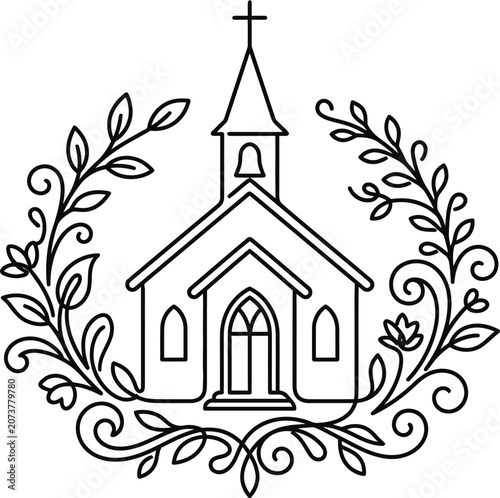 Minimalist outline drawing of a small chapel surrounded by a decorative floral wreath.