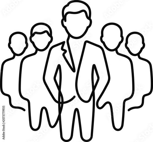 Minimalist outline icon of a business team leader with group.