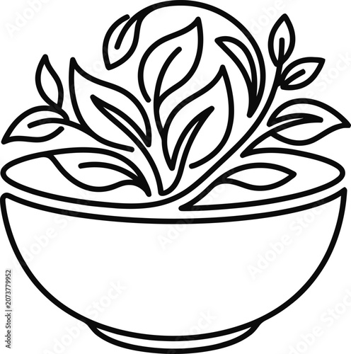 Minimalist outline icon of a bowl with fresh green leaves inside.