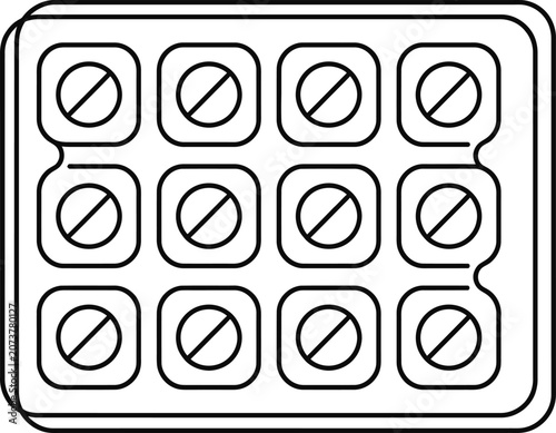 Outline drawing of a blister pack containing twelve square pills.