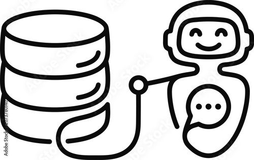 Outline icon of an artificial intelligence chatbot connected to a database server.