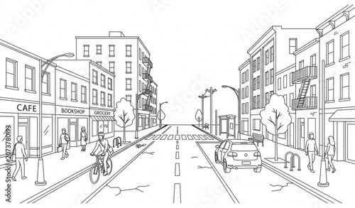 City street line art illustration. Urban landscape with buildings, shops, car, bicycle, and pedestrians. One point perspective cityscape coloring page vector.