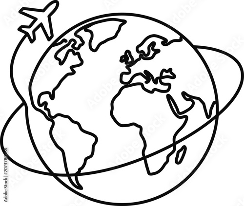 Simple black and white line art icon of a globe with an airplane flying around it.