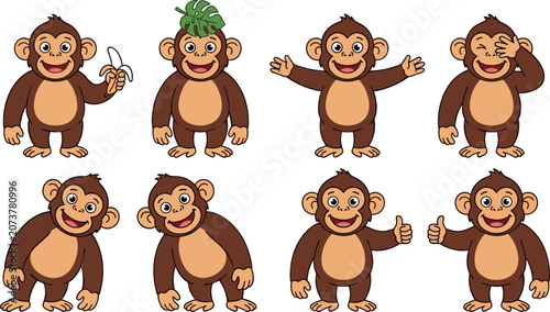 Canvas Print Cute Monkey Cartoon Character Set with Various Poses and Expressions Holding Ban