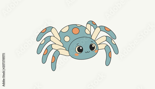 Adorable blue spider cartoon character with orange spots and large friendly eyes isolated on a white background.
