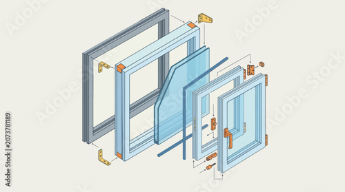 Exploded view diagram of a modern window frame assembly showing components and glass pane. EPS Editable. Vector Illustrations.