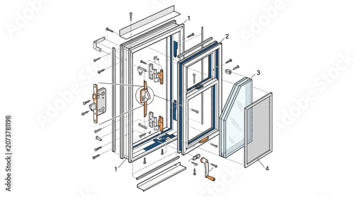 Exploded view diagram of a modern window assembly showing frame sash glass and hardware components. EPS Editable. Vector Illustrations.