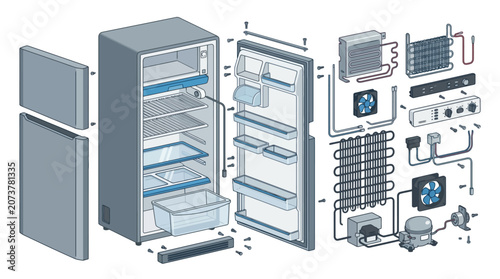 Exploded view diagram of a refrigerator showing internal components and parts. EPS Editable. Vector Illustrations.