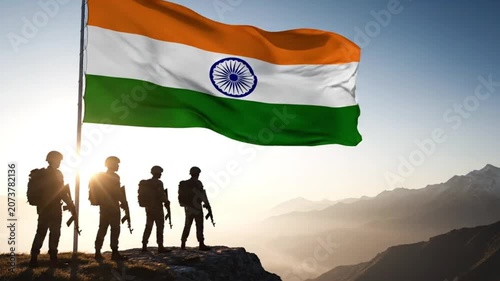 Featuring Silhouetted Hikers with Indian Flag on Mountain at Sunrise. 4K Video