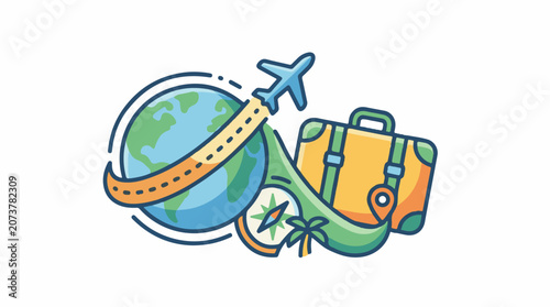 A stylized illustration of travel with a plane around the globe and luggage