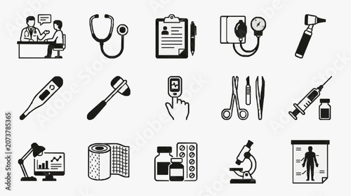 Schilderij op canvas Dynamic Black and White Medical Icons Set Featuring Healthcare Tools Consultatio