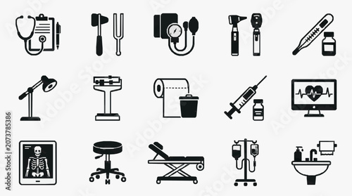 Foto Dynamic Black and White Medical Icons Set Featuring Essential Healthcare Equipme