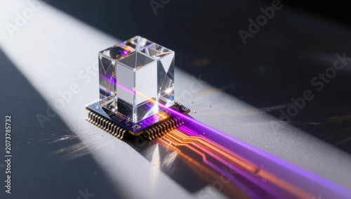 Futuristic crystal microchip, glowing circuit, abstract technology, purple light, silicon chip, digital core