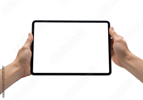 Professional adult hands delicately gripping a modern, matte black tablet horizontally, featuring a blank white screen, isolated on a clean studio white background. Concept for technology presentation