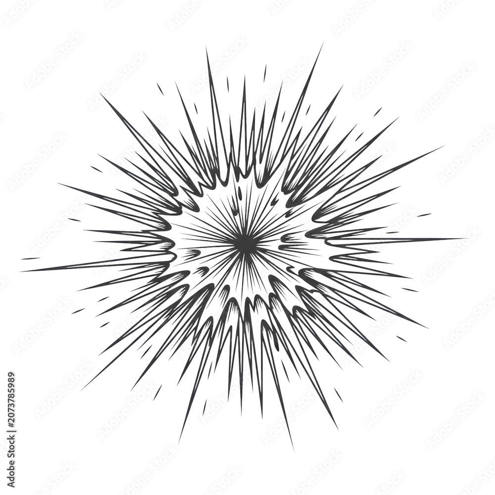 Naklejka premium minimalist hand-drawn charcoal gray starburst graphic element, uneven radiating triangular rays, high-contrast illustration isolated on a transparent background for copy space. concept of dramatic