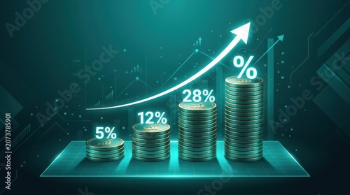 Teal graph stacks of coins growth percentages