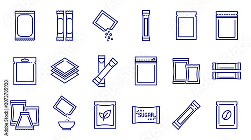 A comprehensive outline icon collection showcasing diverse single-serving packaging types including various sachets, pouches and stick packs, illustrating product packaging design or branding concepts