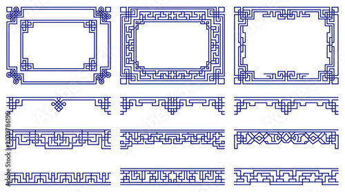 Collection of traditional blue Chinese frames and borders with intricate geometric patterns and knots, illustrating elegant Asian aesthetics and versatile design templates
