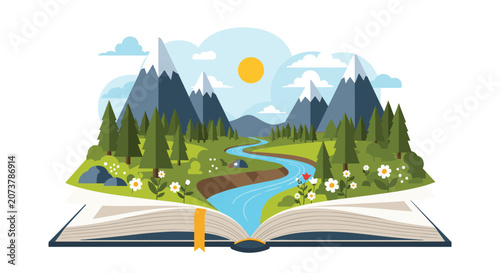 Enchanting illustration of an open book with a lush forest river and majestic mountains emerging from its pages.