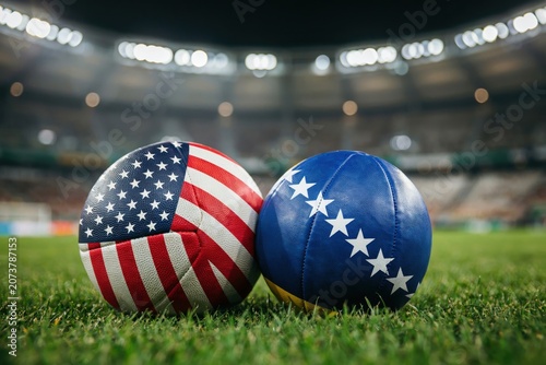 Soccer Balls with USA and Bosnia and Herzegovina Flags in a Stadium Arena