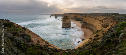 Panoramic view of The Twelve Apostles, , iconic limestone stacks located off the shore of Port Campbell National Park along the Great Ocean Road in Victoria, Australia.