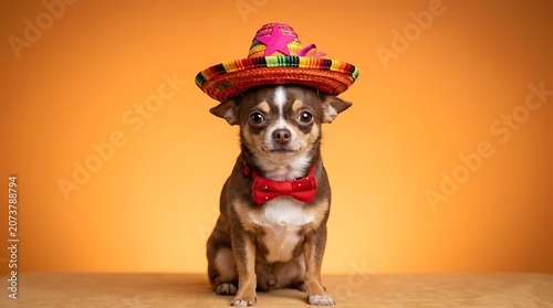 Cute Dog Wearing Festive Straw Hat and Bow Tie Sitting on Warm Background