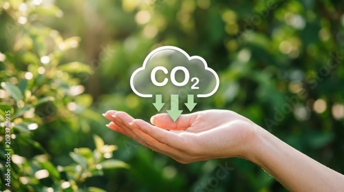 Hand holding co2 cloud green arrows pointing down in nature environment lush foliage