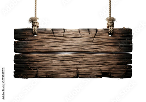 ultra-detailed, blank, weathered thick rectangular wooden sign with charred edges and deep fissures, suspended by frayed hemp ropes against a transparent backdrop. concept for rustic commercial