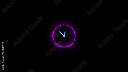 Clock icon animation glowing neon color watch dial circle deadline timer wall clock round retro sign symbol on black background. video