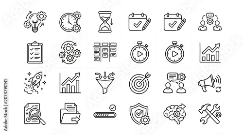 Collection of Flat Design Productivity and Workflow Icons on White Background