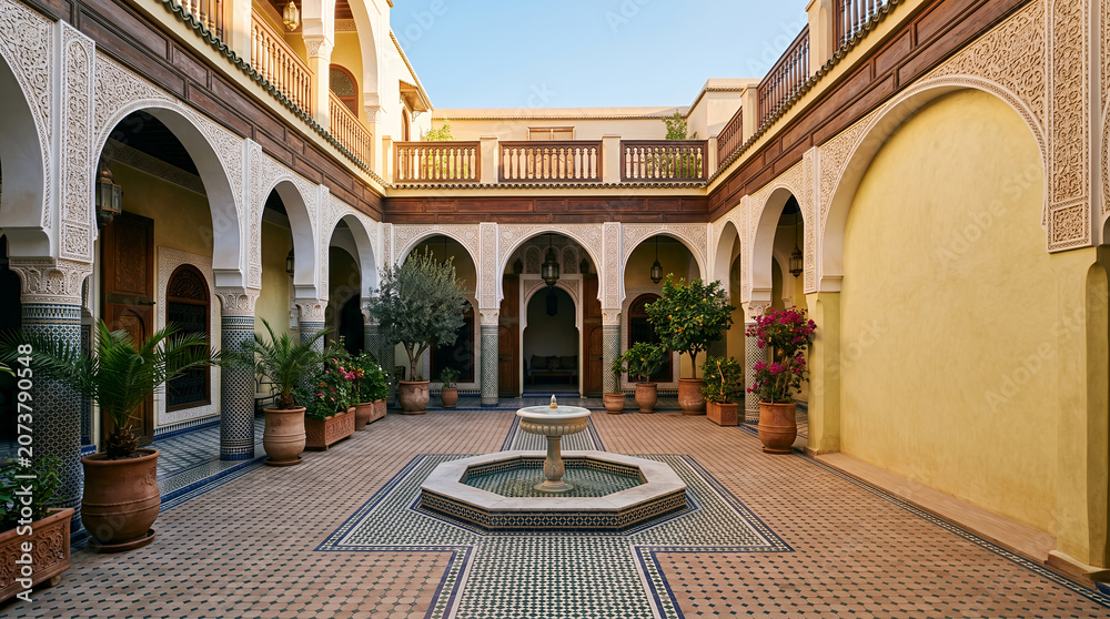 Naklejka premium Traditional Moroccan riad courtyard with fountain and mosaic tiles