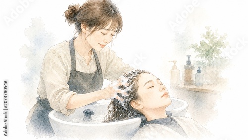 美容師が女性顧客の髪を丁寧にシャンプーする美容室での水彩イラスト