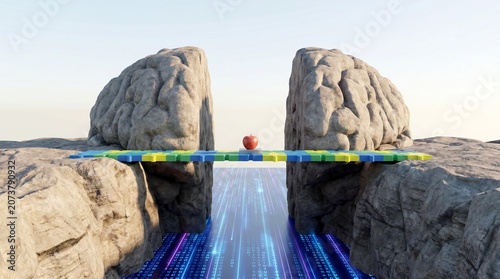 Conceptual landscape of a jigsaw puzzle bridge connecting two giant human brain cliffs with a red apple over a digital data stream