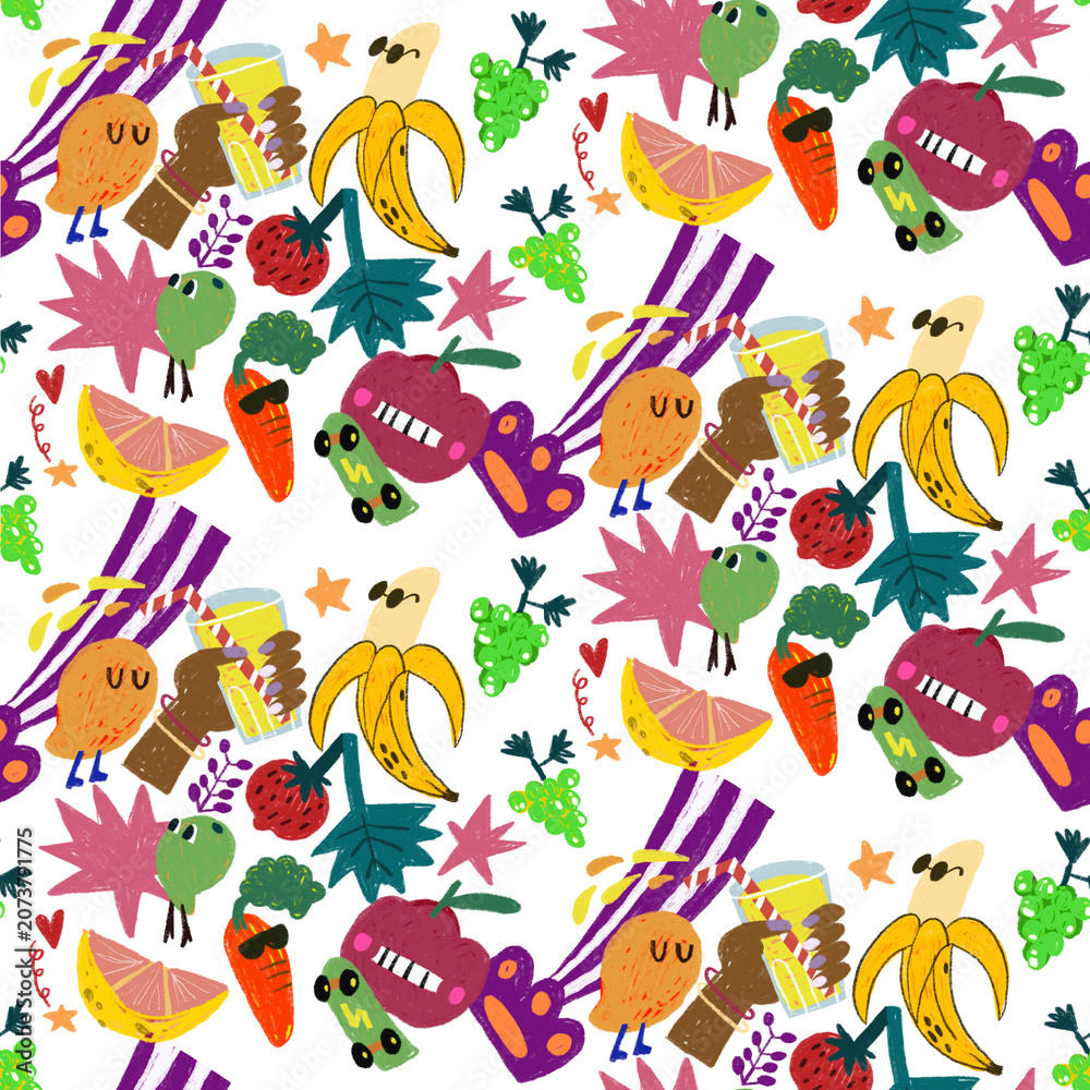 Obraz premium Funky Veggie and Fruit Seamless Pattern. Carrot, Banana, Strawberry, Muscat and Lemon