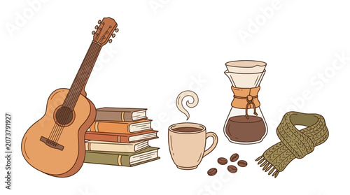 Obraz na plátně A guitar leans on books next to a steaming coffee cup and coffee maker with scattered beans and a scarf