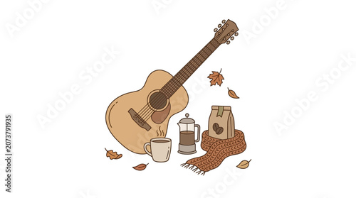 Photos A guitar lies on the ground with coffee cups and a jug amidst autumn leaves