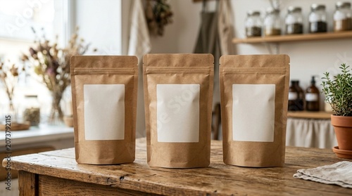 Three brown paper ziplock pouches with blank white labels on a wooden table